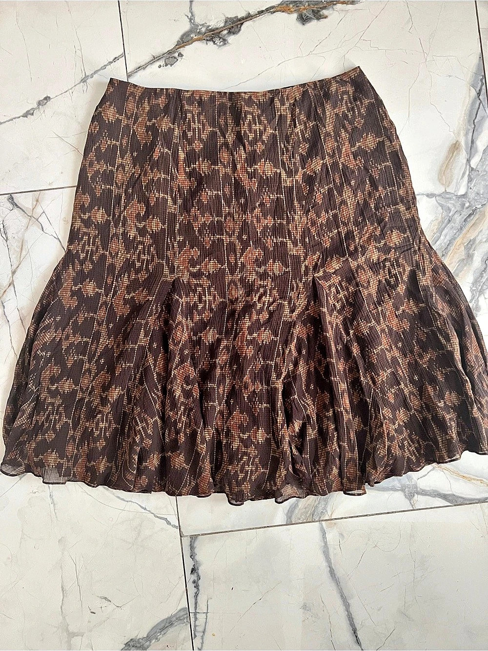 Lauren Ralph Lauren Southwest Ikat Print Pleated Midi Silk Skirt Brown sz 14